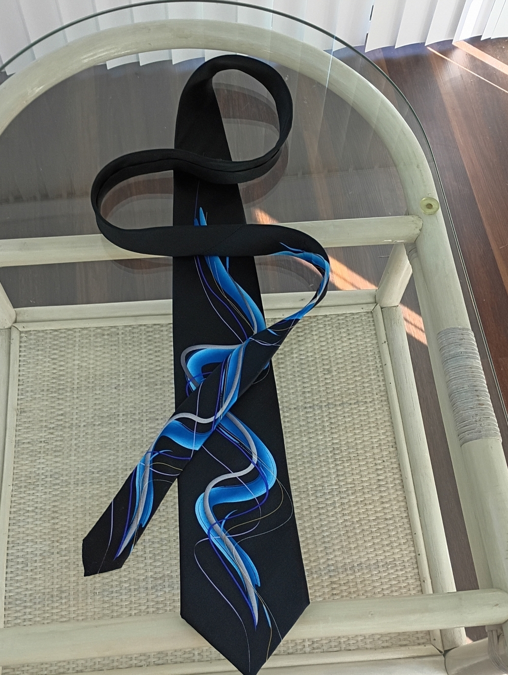 J. Garcia Tie Black/Blue Purple Swirls Abstract XL Courtyard Performance 63" L